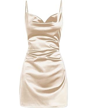 ZAFUL Women's Satin Sleeveless Spaghetti Strap Mini Dress Sexy Slip Cowl Neck Silky Cocktail Part... | Amazon (US)