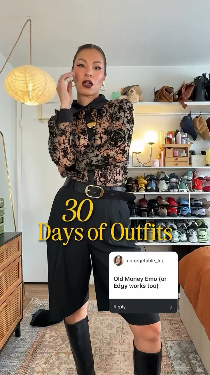 Day 26/30 Days of Outfits: Old Money Emo 🖤✨ 

Do i wanna change my entire aesthetic now 😭 Which one if your favorite?

Outfit 1
Top @bananarepublic 
bottoms @asos 
shoes @drmartensofficial 
belt @anthropologie 

Outfit 2
top thrifted
shorts @gu_usa_official 
puta stompers @anthropologie 

Outfit 3
Dress @asos 
shoes @raboesyofficial
