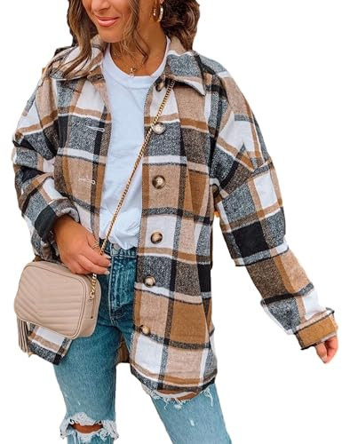 AUTOMET Shackets for Women Plaid Flannel Shirts Fall Winter Jackets Cute Tops Trendy Western Cowgirl Outfits Girls Coats Khakigrey M | Amazon (US)