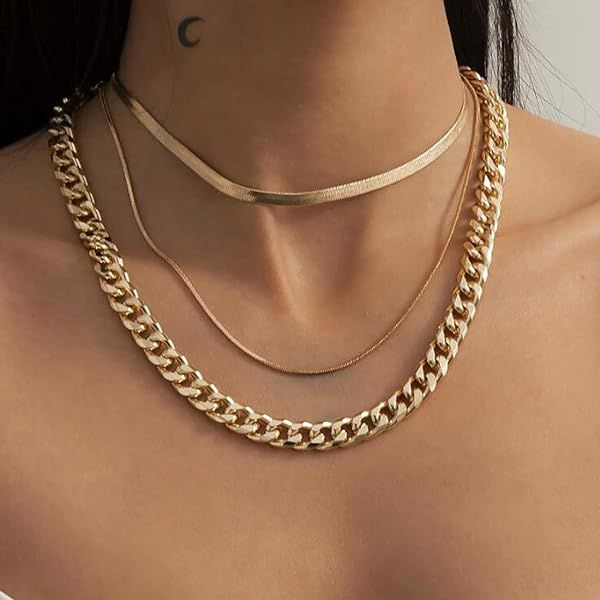 Amazon.com : Tayel Fashion Layered Snake Chain Choker Necklaces Gold Thick Chunky Hexagon Circle ... | Amazon (US)