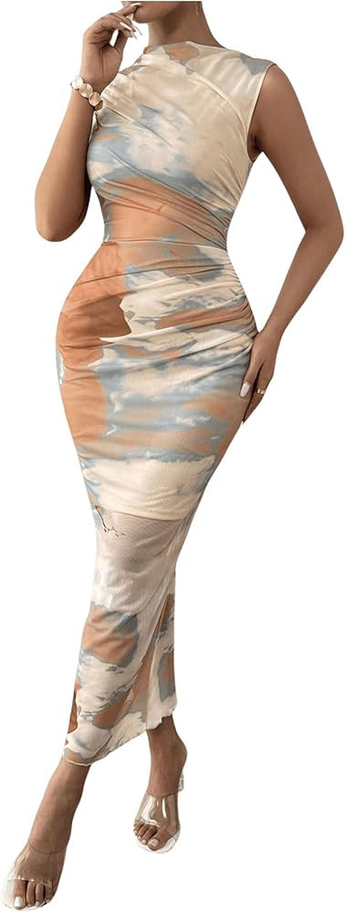 SweatyRocks Women's Tie Dye Maxi Dress Mock Neck Sleeveless Fitted Sheer Mesh Bodycon Dresses | Amazon (US)