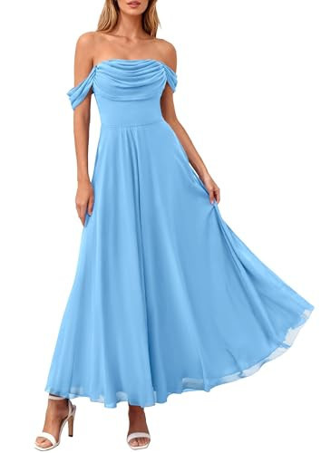 PRETTYGARDEN Womens Off Shoulder Maxi Summer Dresses 2026 Elegant Mesh Aline Swing Ruched Flowy Cocktail Wedding Guest Dress (Light Blue,Small) | Amazon (US)