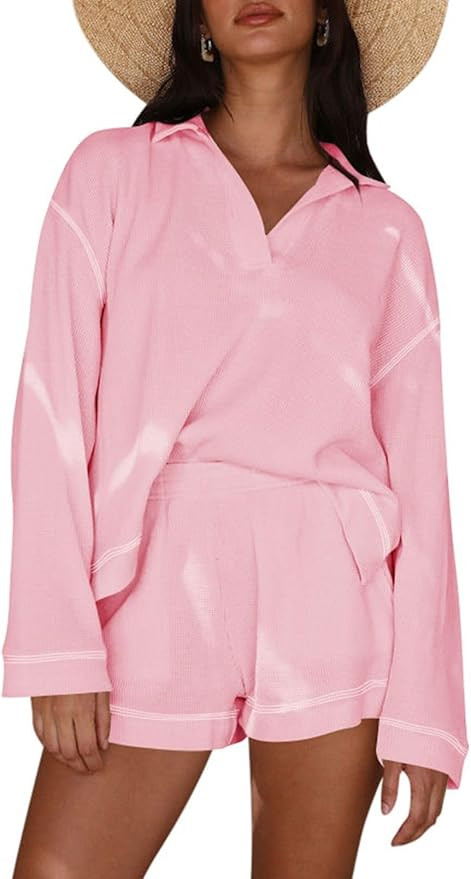 Pink Queen Women's 2024 Fall Casual Waffle Knit Long Sleeve Lounge Sets Casual Top and Shorts 2 P... | Amazon (US)