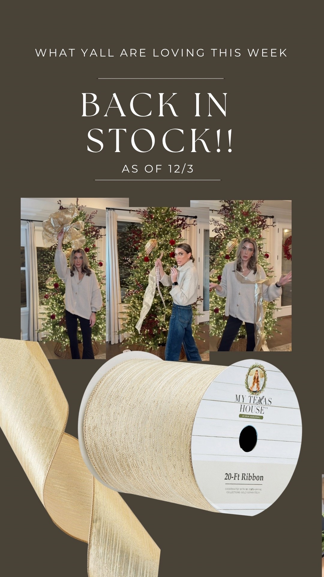 FOR THE FIRST TIME ALL SEASON! Finally!  The ribbon I’ve used in every single tree decorating video is finally back in stock!

6 inches, wired, translucent gold. THIS is the best ribbon I’ve ever found! Order several of them and you’ll get it by tomorrow!

Adding all of my other favorites below for wrapping gifts. 🎁

•
•
Christmas wired ribbon, Walmart ribbon, my Texas house, tree decorating, tree ornaments, Ralph lauren Christmas , wreaths, holiday ribbon

#LTKHoliday #LTKSeasonal #LTKHome