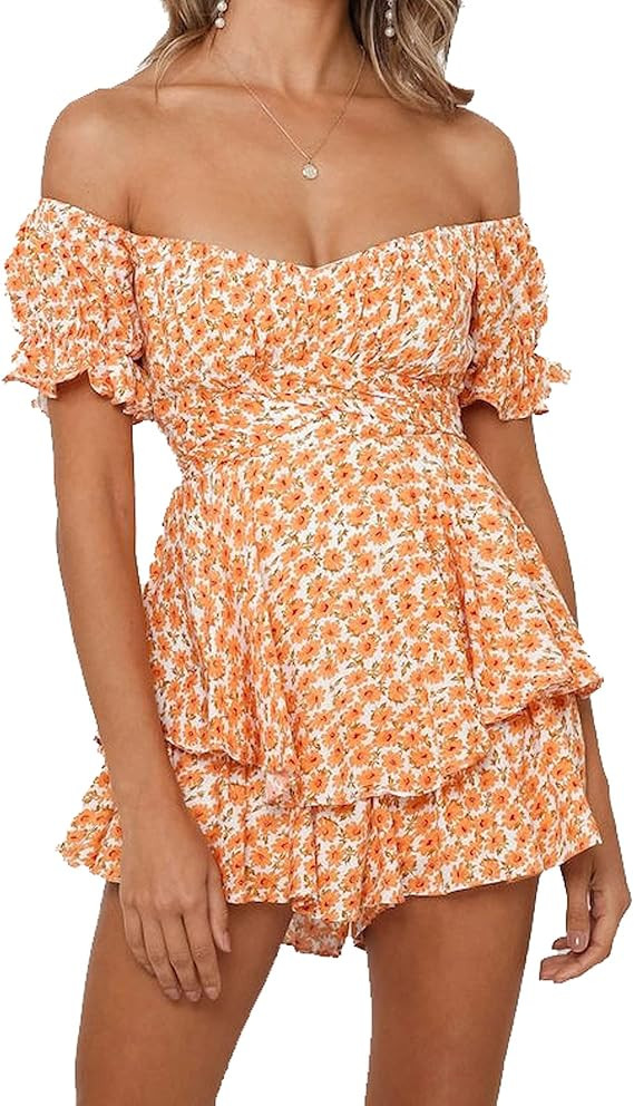 Murimia Women's Summer V-Neck Floral Spaghetti Strap Short Rompers and Jumpsuits | Amazon (US)