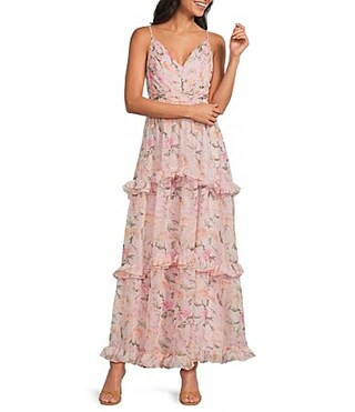 ASTR the Label Ayanna Floral Print V-Neck Sleeveless Tiered Ruffle Maxi Dress - L | Dillard's