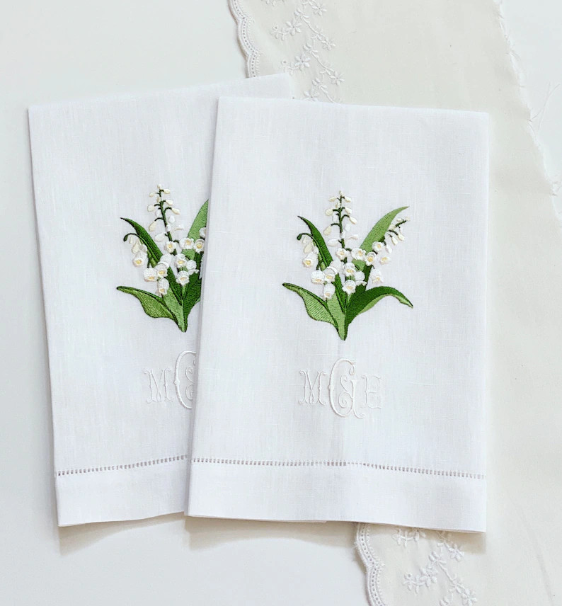 ONE Embroidered Hemstitched Tea Towel, Lily of the valley embroidered towel | Etsy (US)