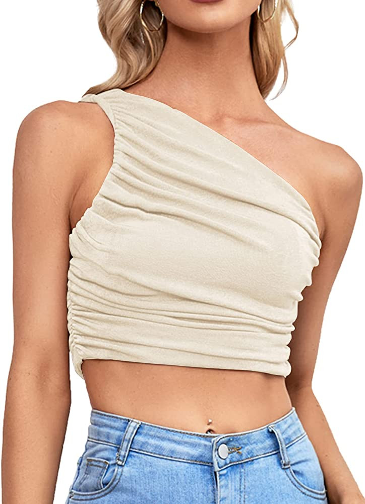 LYANER Women's Sexy Ruched One Shoulder Sleeveless Crop Top Strappy Cami Tank | Amazon (US)