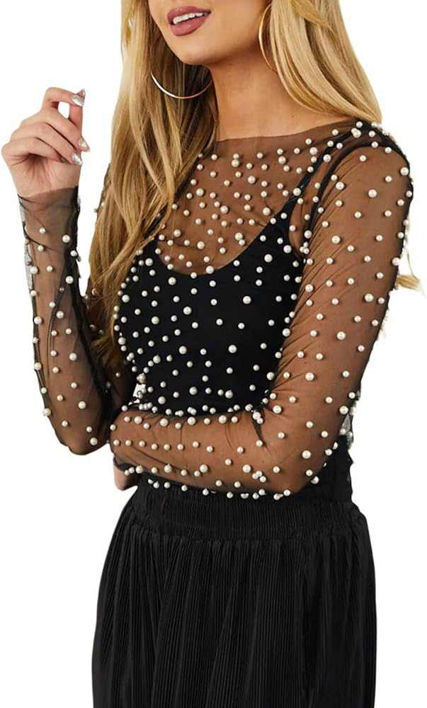 Women Pearl Top Sheer Mesh Long Sleeve Pearl Shirt Cover Up | Amazon (US)