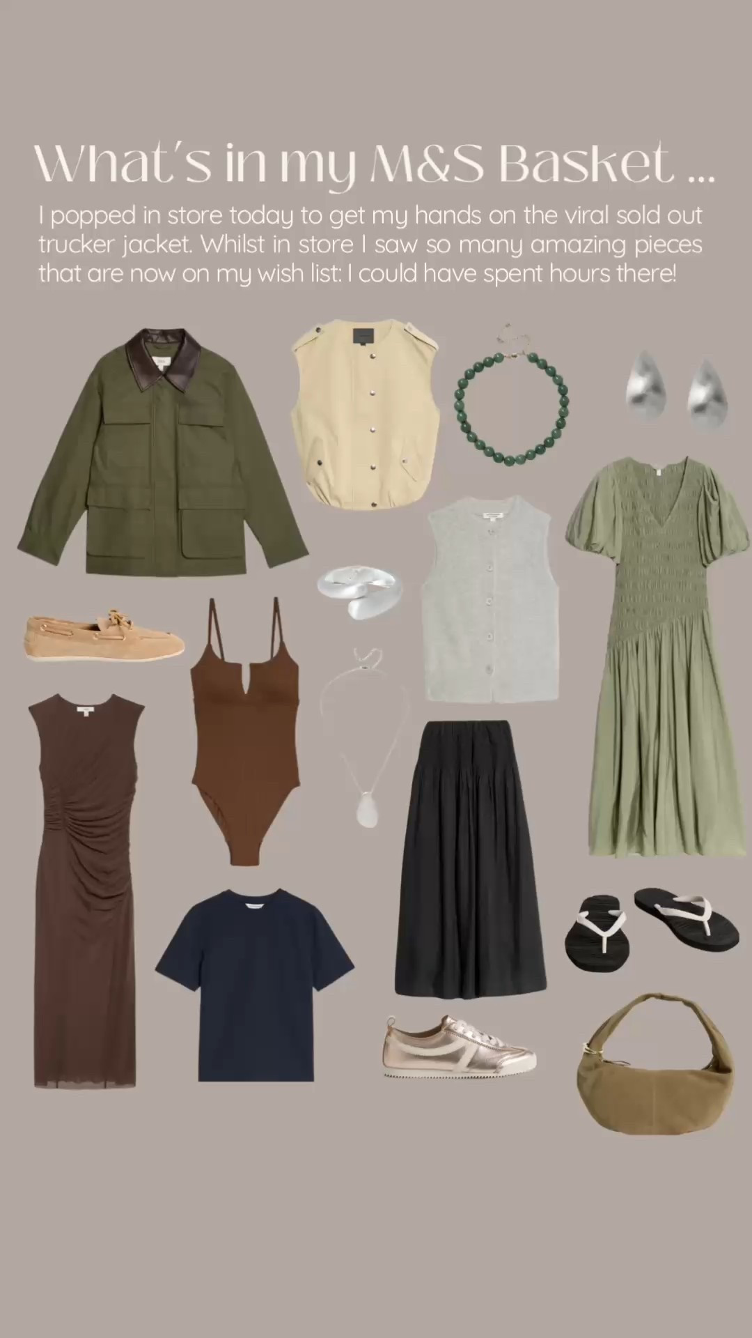Marks and Spencer - Marks & Spencer - M&S new in - what’s in my M&S basket - wedding guest dress - field jacket - utility jacket - spring jacket - utility gilet - brown dress - occasion dress - summer dress - brown swimsuit - holiday dress - linen dress - flip flops - summer sandals - boat shoes - silver jewellery - bead necklace / beaded necklace - suede bag - must haves - black poplin skirt - cashmere knitted vest 

#LTKsummer #LTKdresses #LTKuk