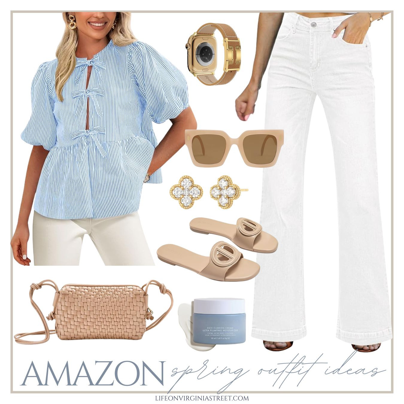 Cute spring outfit ideas with items all from Amazon! Loving this striped bow top, white denim, designer inspired Apple watch band, woven purse, slide sandals and clover earrings. #ltksalealert #ltkseasonal #ltkover40 #ltkmidsize #ltktall #ltkworkwear 

 

#LTKSeasonal #LTKSaleAlert #LTKWorkwear