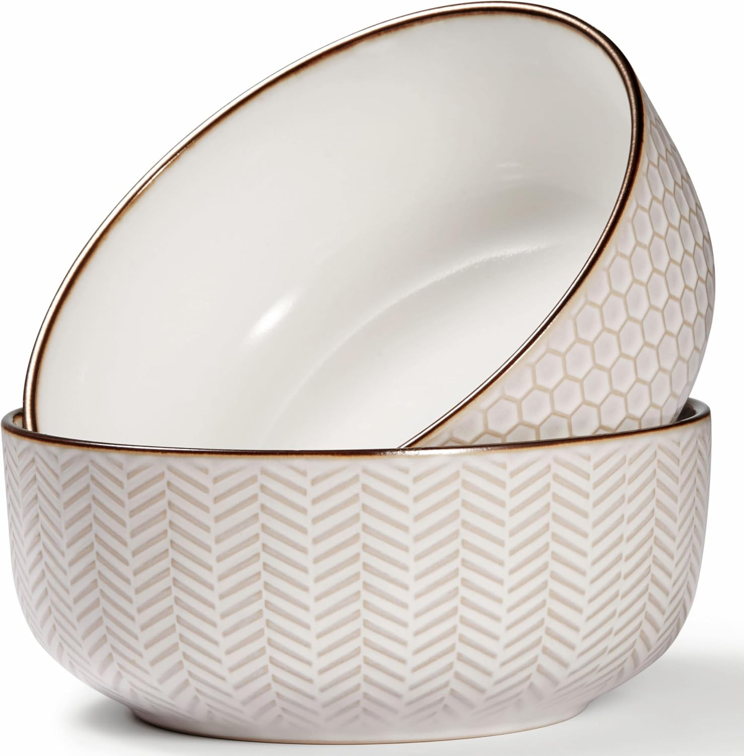 KooK Ceramic Salad Bowls, Embossed Large Kitchen Bowls, For Serving Pasta, Soup, Fruits, Microwave and Dishwasher Safe, Cream with Dark Copper Accents, Set of 2, 60 oz, Narbonne Collection | Amazon (US)