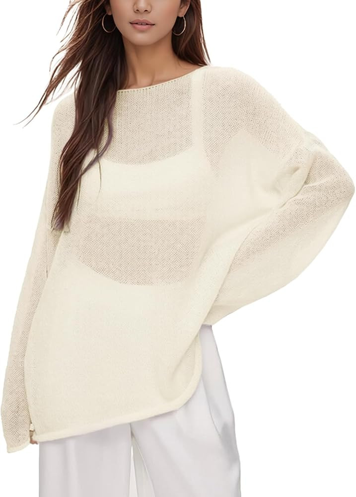 Women's Oversized Sheer Mesh Knit Sweater, Bell Long Sleeve Hollow Out Pullover Tops Trendy Casua... | Amazon (US)