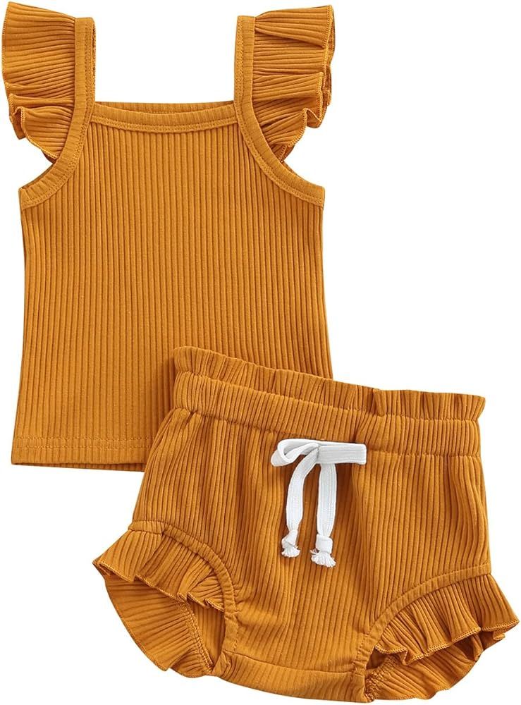 Newborn Baby Girl Summer Outfits Infant Sleeveless Ruffle Ribbed Shirt Tops Shorts Set 2 Piece Summe | Amazon (US)