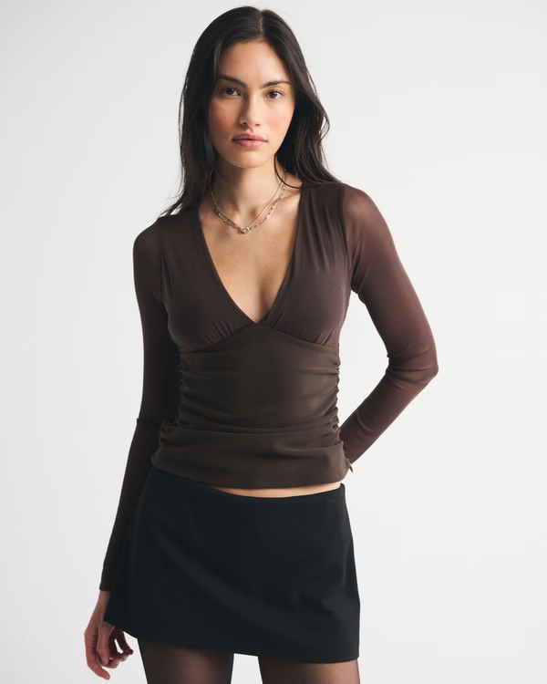 Women's Bra-Free Long-Sleeve Mesh Plunge Top | Women's Tops | Abercrombie.com | Abercrombie & Fitch (US)