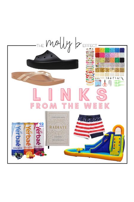 Links from this past week 🩷

-new water shoes, both TTS 
-bracelet making kit, so excited to get started with the kiddos 
-yerbae!! Yummy clean energy drink for that afternoon pick me up
-current devotional
-Ericks fav bathing suit, only type he will wear now
-water slide!!! Gosh, we’ve used this thing soooo much, you won’t regret this purchase 🩷

#LTKsalealert #LTKswim #LTKunder50