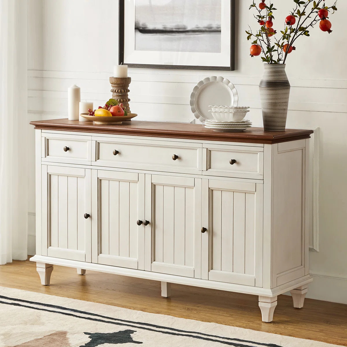 Alvieri Farmhouse 58" W 3-Drawer 4-Cabinet Sideboard with Solid Wood Legs | Wayfair North America