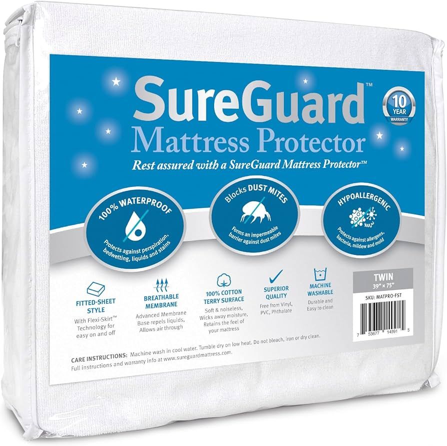 SureGuard Twin Size Mattress Protector - 100% Waterproof, Hypoallergenic - Premium Fitted Cotton ... | Amazon (US)