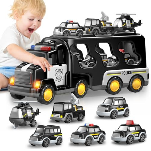 Beby Buty 7 in 1 Police Trucks Cars Toys for Toddlers 3-5, Boy Toddler Car Truck Toys with Light Sound, Birthday Gifts Toys for 3 4 5 6 Year Old Boy, Transport Carrier Truck for Toddlers 3-5 Years | Amazon (US)