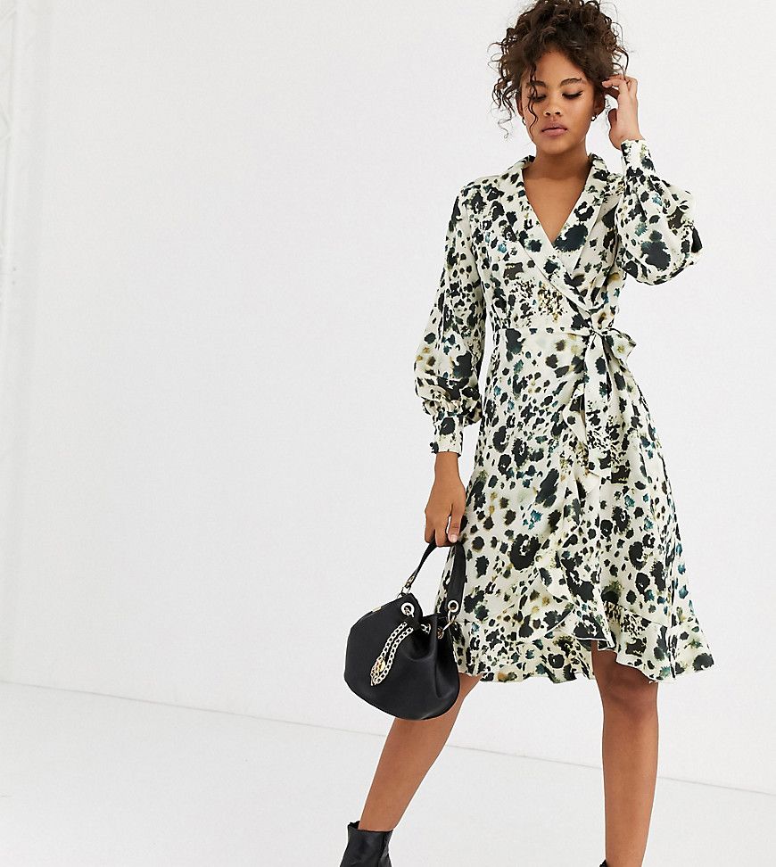Influence Tall wrap front satin midi dress in abstract leopard print-Multi | ASOS (Global)
