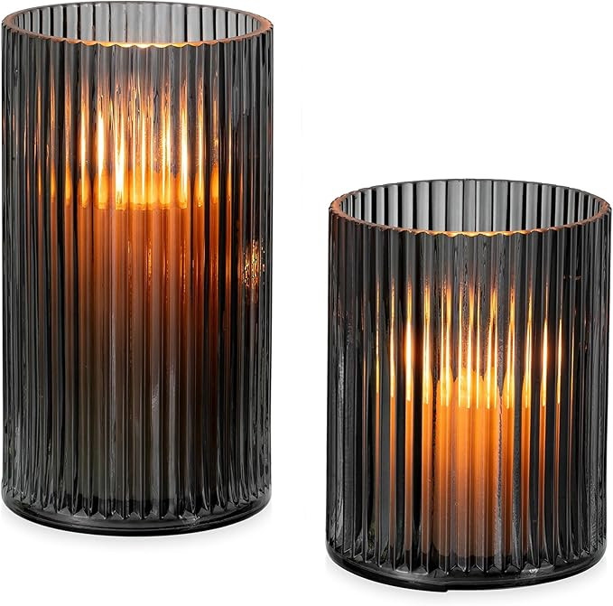 Glasseam Hurricane Glass Candle Holders: 2 Pcs Ribbed Cylinder Vases for Centerpieces Grey Pillar... | Amazon (US)