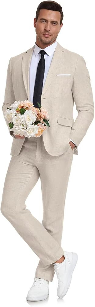 Men's Linen Suit 2 Piece Slim Fit Summer Beach Wedding Dress Tux Prom Suit Blazer Jacket and Pant... | Amazon (US)
