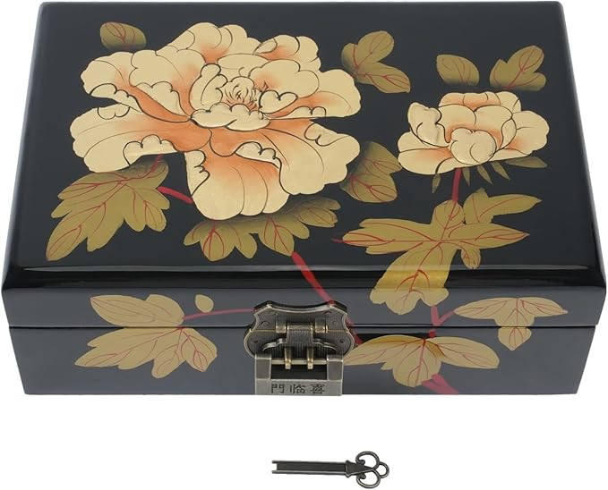 Handcrafted Chinese Antique Lacquer Jewelry Organizer with Multi-Layer Compartments & Built-in Mi... | Amazon (US)