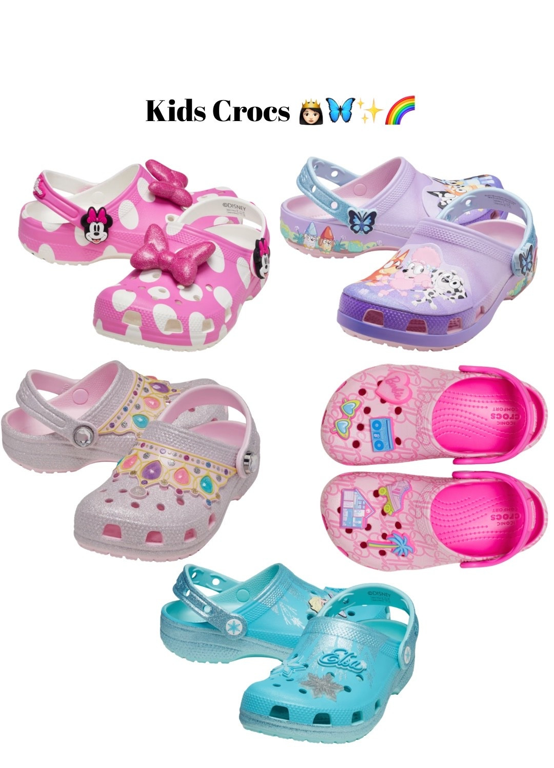 Kids crocs. Toddler crocs. Spring crocs. Summer crocs. Spring shoes. Spring styles. Toddler spring shoes. Elsa crocs. Minnie Mouse crocs. Barbie crocs. Bluey crocs. Princess crocs. Crocs. @crocs 

#LTKSeasonal #LTKmomlife #LTKKids
