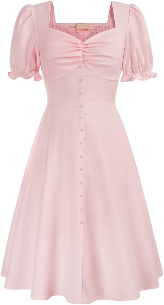 Belle Poque Women's 50s Vintage Ruched Swing Dress Sweetheart Neckline Short Puff Sleeve A-Line T... | Amazon (UK)