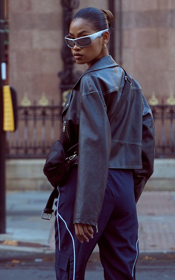 Black Distressed Look Oversized Belted Hem Biker Jacket | PrettyLittleThing US