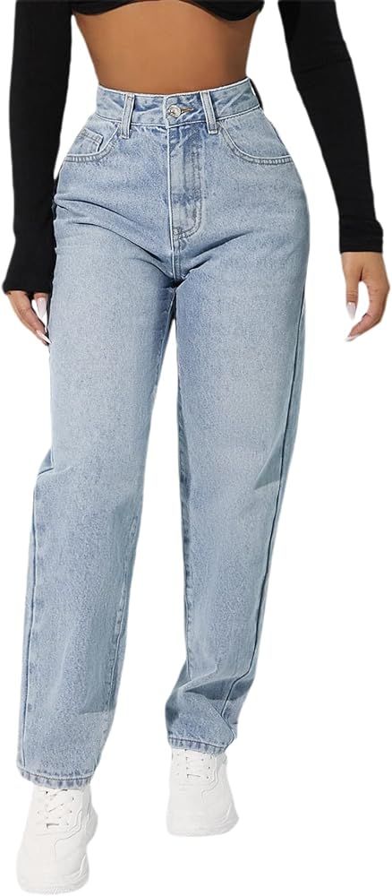 Floerns Women's High Waisted Stretchy Denim Pants Mom Jeans with Pocket | Amazon (US)