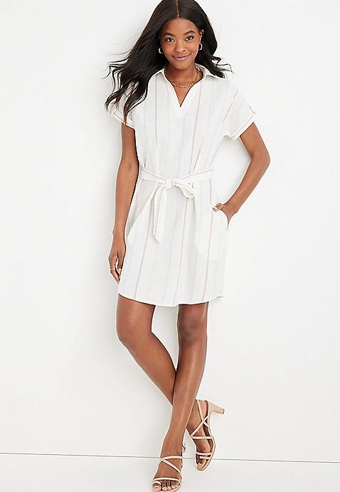 Striped Linen Short Sleeve Collar Mini Dress | Maurices