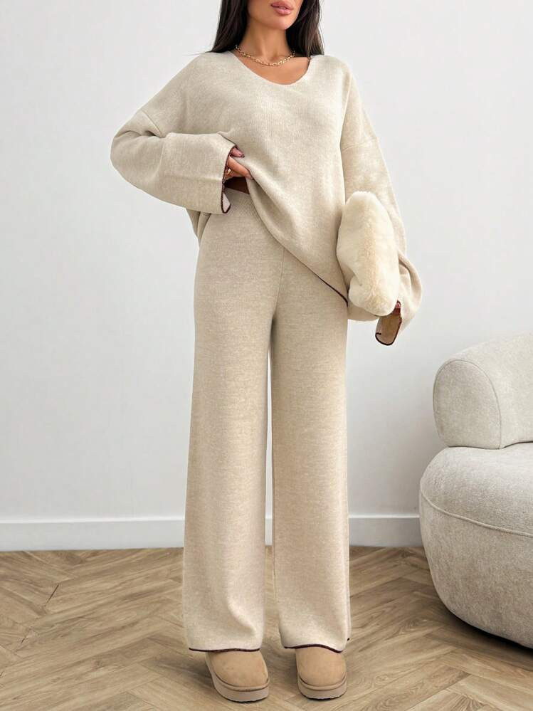 SHEIN Damen Rippengestrickter Pullover In Beige, Geeignet Für Den Winter | SHEIN