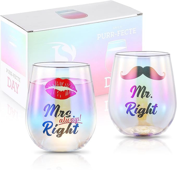 SHENDONG Mr Right Mrs Always Right Wine Glasses Couple Wine Glasses Mr Mrs Gifts for Couple Engag... | Amazon (US)