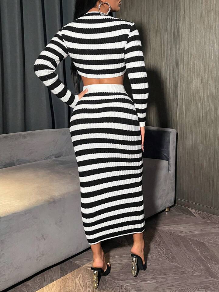 SHEIN SXY Women'S Stripe Ribbed Knit Sweater And Skirt Set | SHEIN