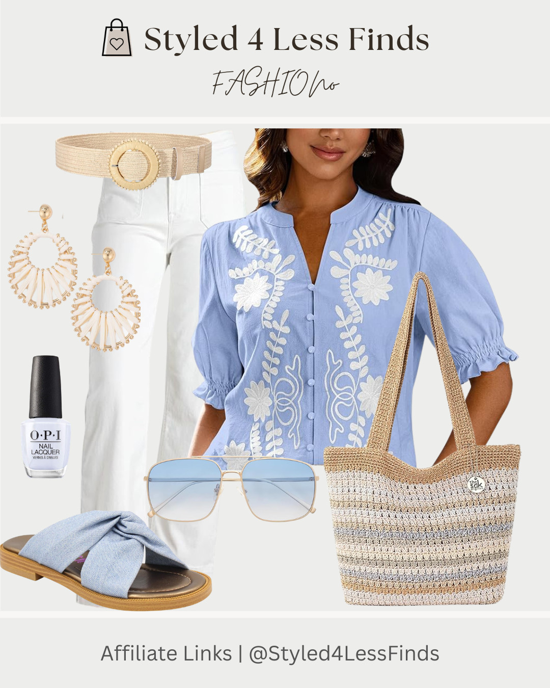 Soft blues, crisp whites, and woven textures = the perfect warm-weather combo. This embroidered blouse adds a feminine touch while white denim keeps the look fresh and polished. Finished with raffia accessories and a hint of sky-blue accents, this outfit is ready for brunch, shopping, vacation strolls, or casual Fridays.
Style Tip:
When wearing white jeans, repeat one accent color throughout your outfit (like this soft blue) in at least 3 places—top, shoes, accessories, or nails. It creates a cohesive, elevated look without feeling overly matched.

💙 Save this look for your next spring or summer outing! Which piece would you wear first? 

 #LTKcanada #LTKsummer #LTKover50style