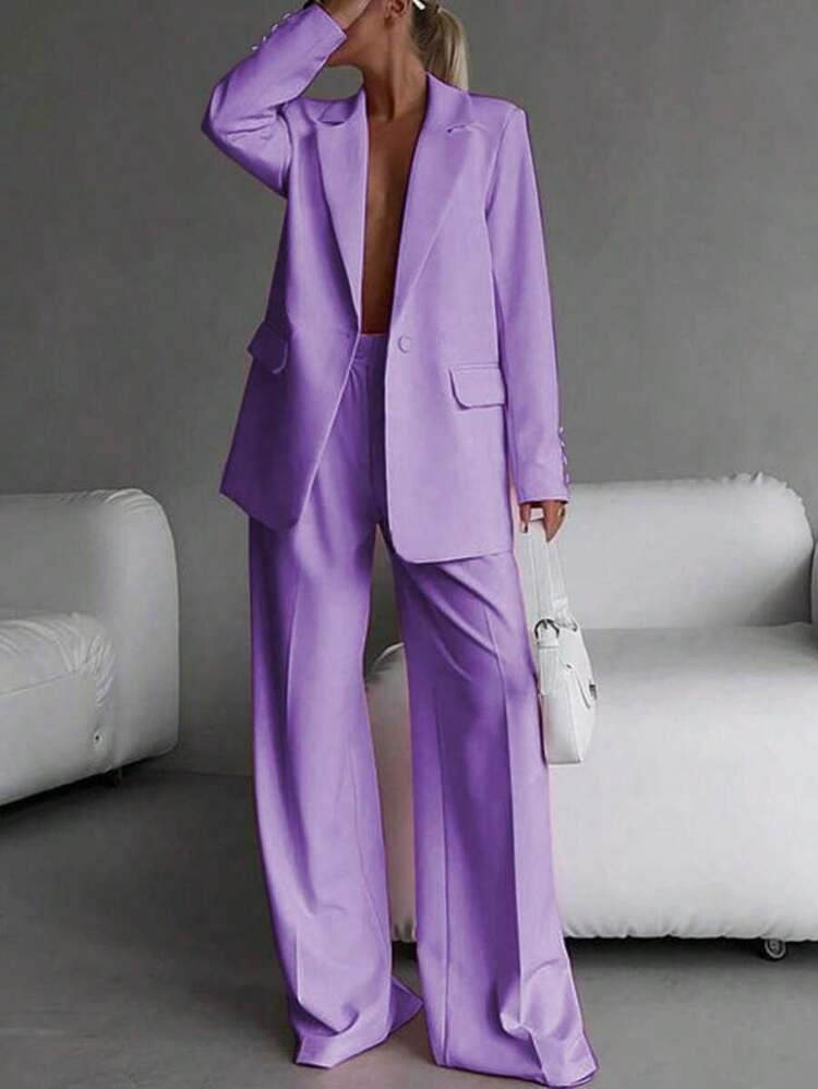 Elegant Business Casual Two-Piece Suit, Single Button Lapel Suit Jacket And Slim Fit Pants, Women's Clothing | SHEIN