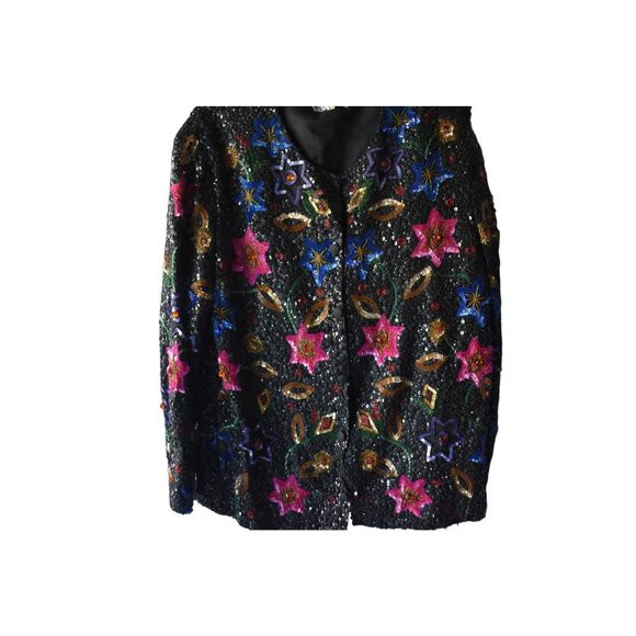 Vintage Women's Augustus Impressions Silk Sequin Beaded  Black Floral Jacket L | Poshmark