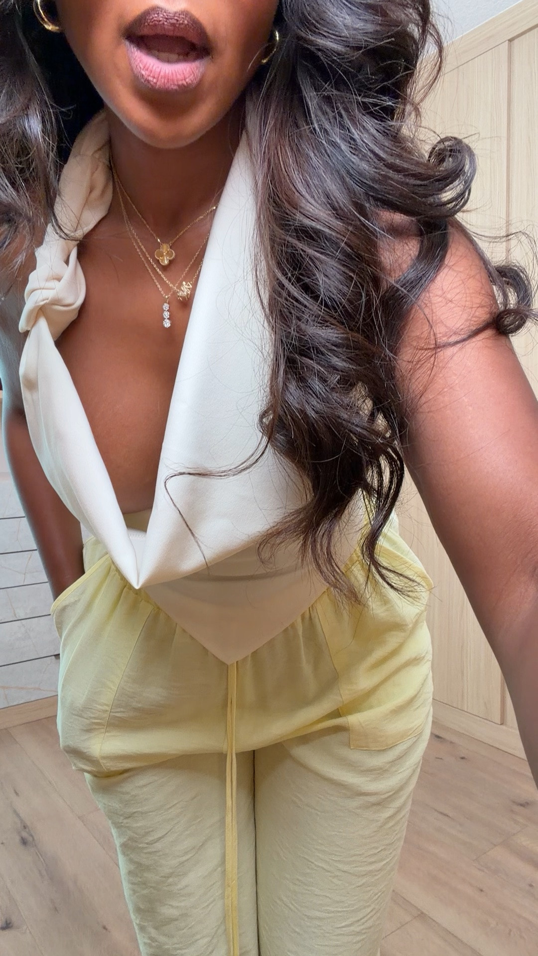 Hi Babes!

Okay this look is giving effortless luxury on a budget. The buttery cream halter top paired with these flowy lemon-lime pants creates the prettiest soft summer color combination. It’s lightweight, comfortable, and looks so much more expensive than it is.

The draped neckline adds a feminine touch while the relaxed wide-leg pants keep everything easy and breathable. This is one of those outfits that turns heads without feeling overdressed. Trust.

Where to wear this:
• Resort vacations
• Summer brunches
• Beachside dinners
• Girls trips
• Sunset cocktails

Undergarments: Sticky bra and nude seamless underwear recommended for the smoothest fit (linked).

Everything is linked below!

xx Kira | IG: KirasFashionFinds

34D - 27 - 40 • Size Small or 4
