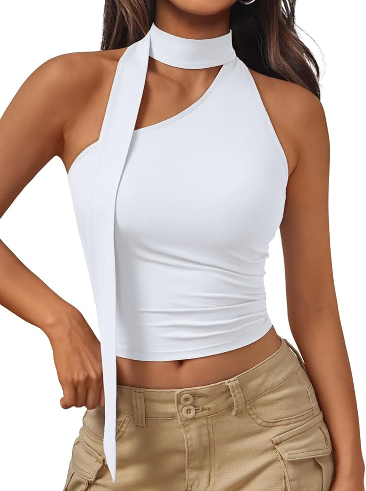 Trendy Queen Womens Going Out Summer One Shoulder Halter Crop Top Fashion Sexy Tie Shirts Cute Cl... | Amazon (US)