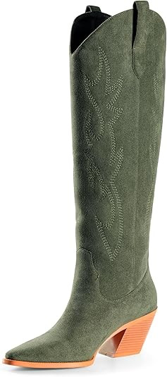 Cowgirl Boots Women Knee High Boots Pointed Toe and Block Heel Cowboy Suede Boots with Embroidere... | Amazon (US)