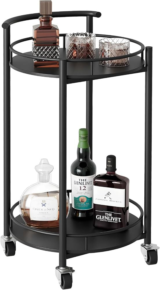 Bar Cart Black Rolling Cart for Home,2 Tiers Bar Serving Cart Round Wine Cart with Handle, Metal ... | Amazon (US)