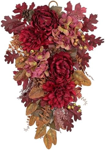 Hollyone 24" Fall Swag Fall Swags for Front Door Decorating Teardrop Swag with Red Hydrangea Peon... | Amazon (US)