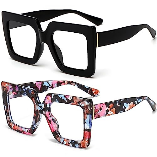 Breaksun Oversized Blue Light Glasses for Women Fashion Thick Square Computer Eyewear Non-Prescription Black Glasses (Black+ Flower) | Amazon (US)