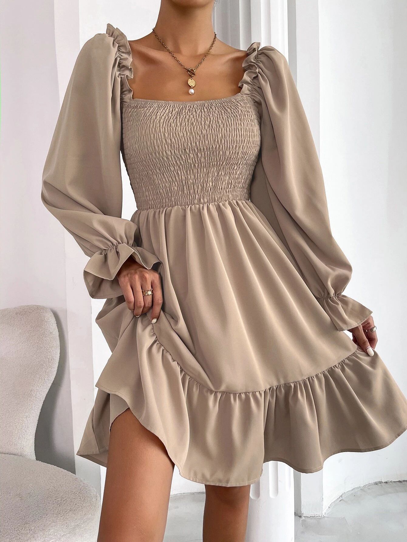 Square Neck Shirred Bodice Flounce Sleeve Ruffle Hem Dress | SHEIN