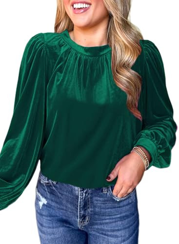 Green Velvet Tops for Women Puff Long Sleeve Dressy Cute Elegant 2025 Fall Winter Trendy Holiday Christmas Party Xmas Wedding Guest Ruched Shirts Blouses M | Amazon (US)