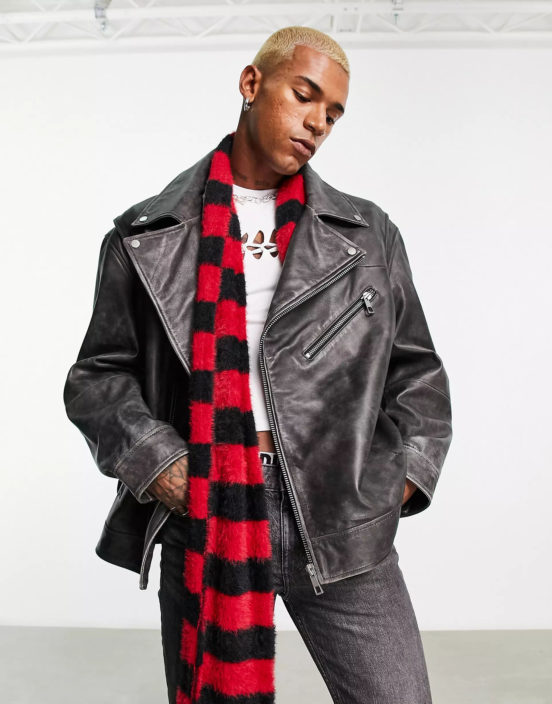 ASOS DESIGN oversized real leather moto jacket in vintage black | ASOS (Global)