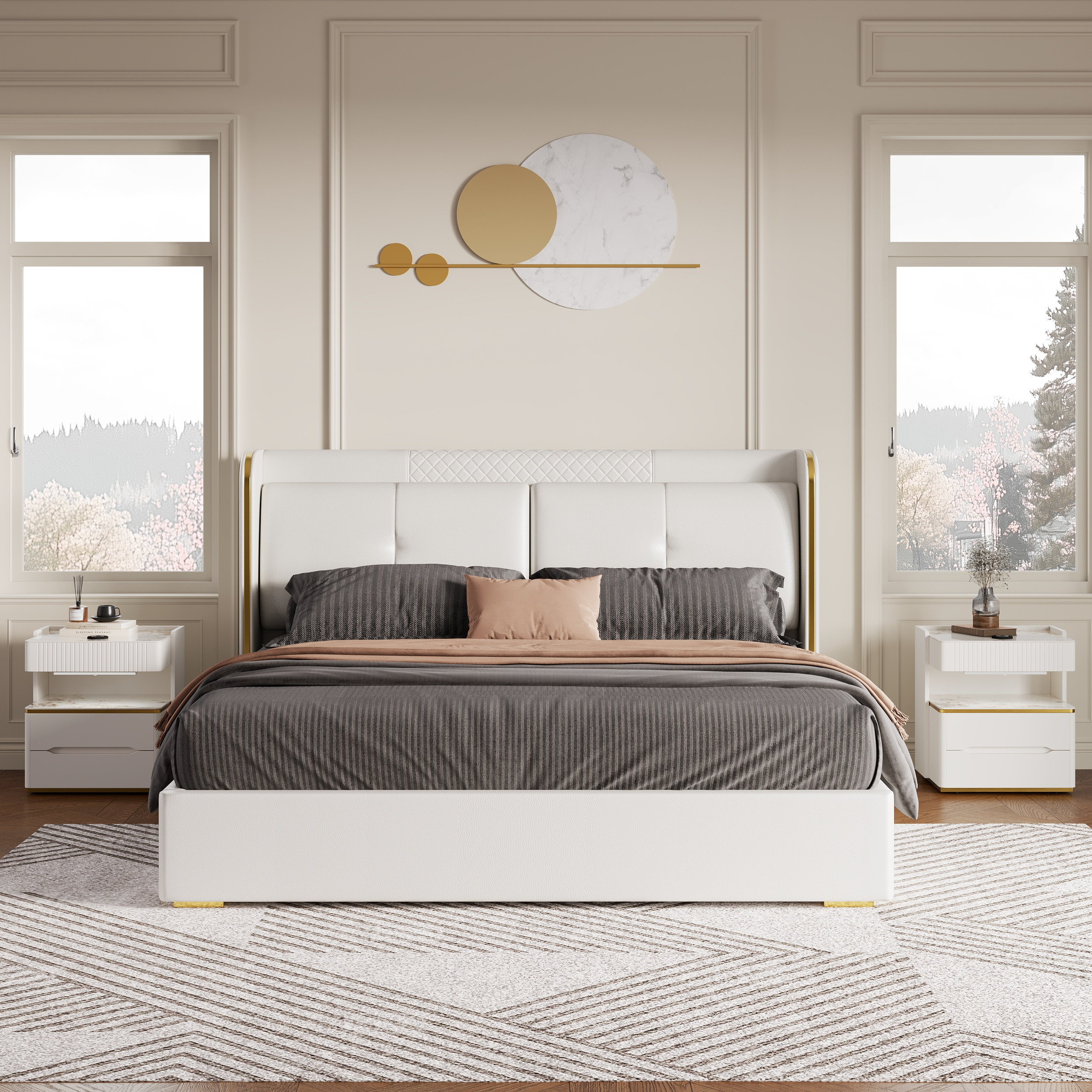 Queen Upholstered Platform Bed with Faux Leather Wingback Headboard & 2 Nightstands Set with Wireless Charger & Sensor Light & Bluetooth Speakers | Homary