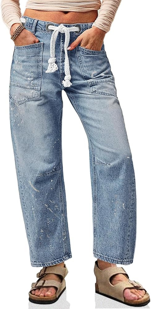 Cicy Bell Womens Baggy Barrel Horseshoe Jeans Wide Leg Drawstring Vintage Denim Pants with Front ... | Amazon (US)