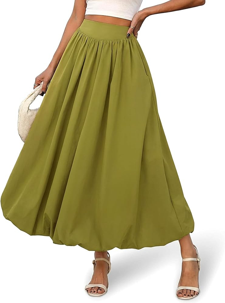 Women's Bubble Maxi Skirt Elastic Waist Puffy Hem A-line Long Skirt Pleated Flowy Balloon Long Sk... | Amazon (US)